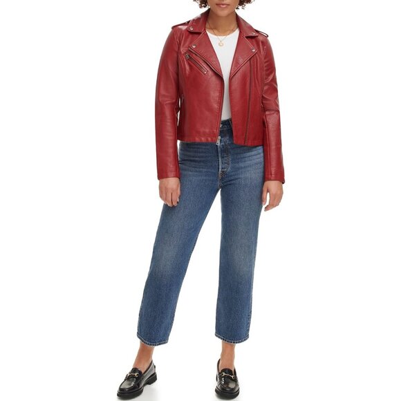 Women's The Classic Faux Leather Moto Jacket Font Full Zipper Deep Cherry Red - Picture 2 of 5